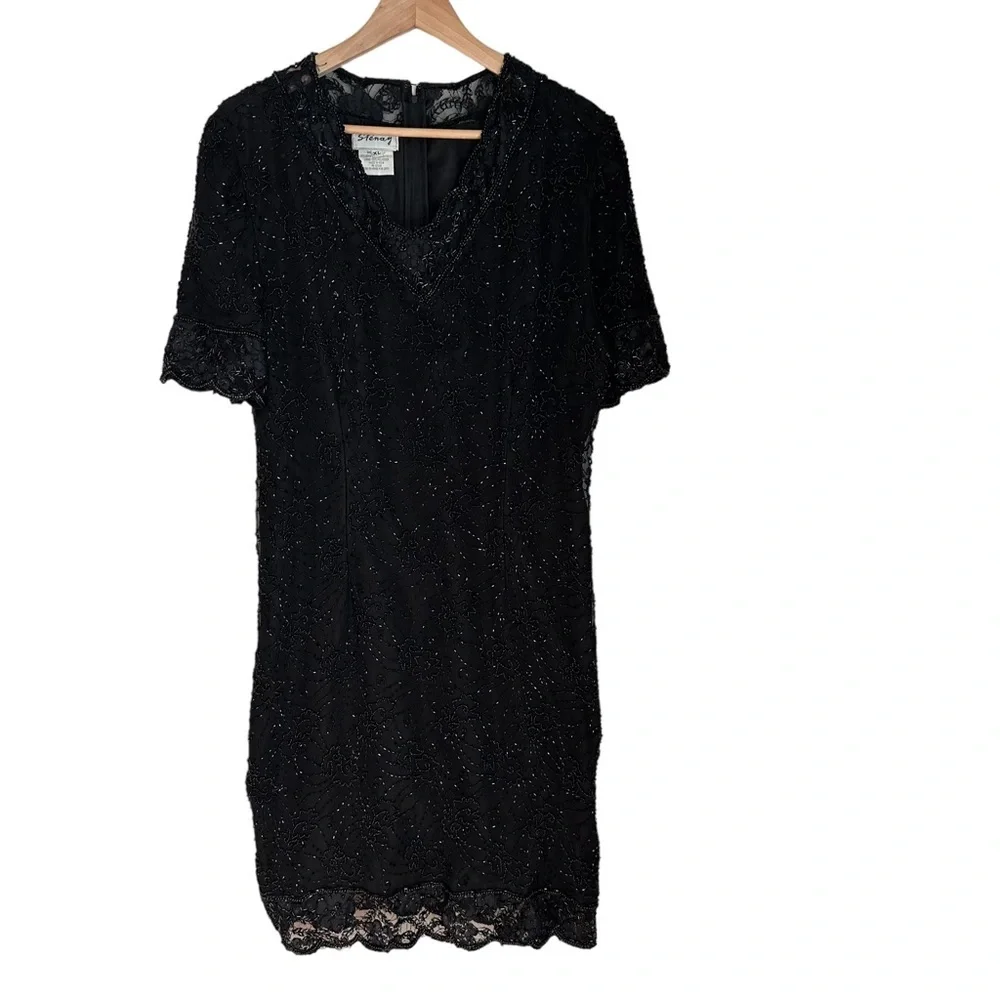 Vintage by Stenay Women's‎ Black Beaded Silk Midi Dress Size: XL